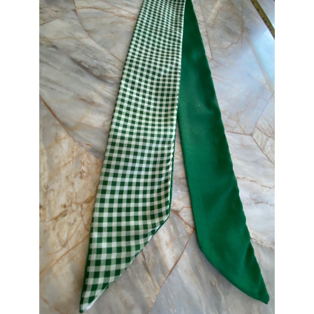 Green White Gingham Reversible Skinny Scarf Emerald Satin Hair Ribbon Necktie - Picture 6 of 9